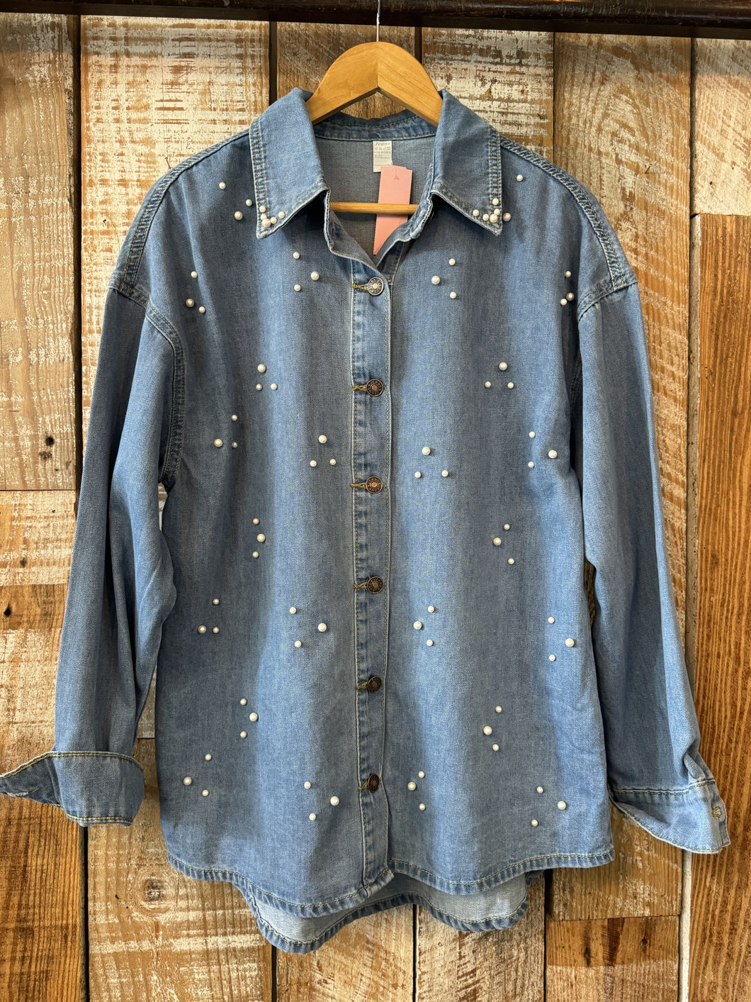 NWOT Oversized Pearl Denim Shirt, Size Medium